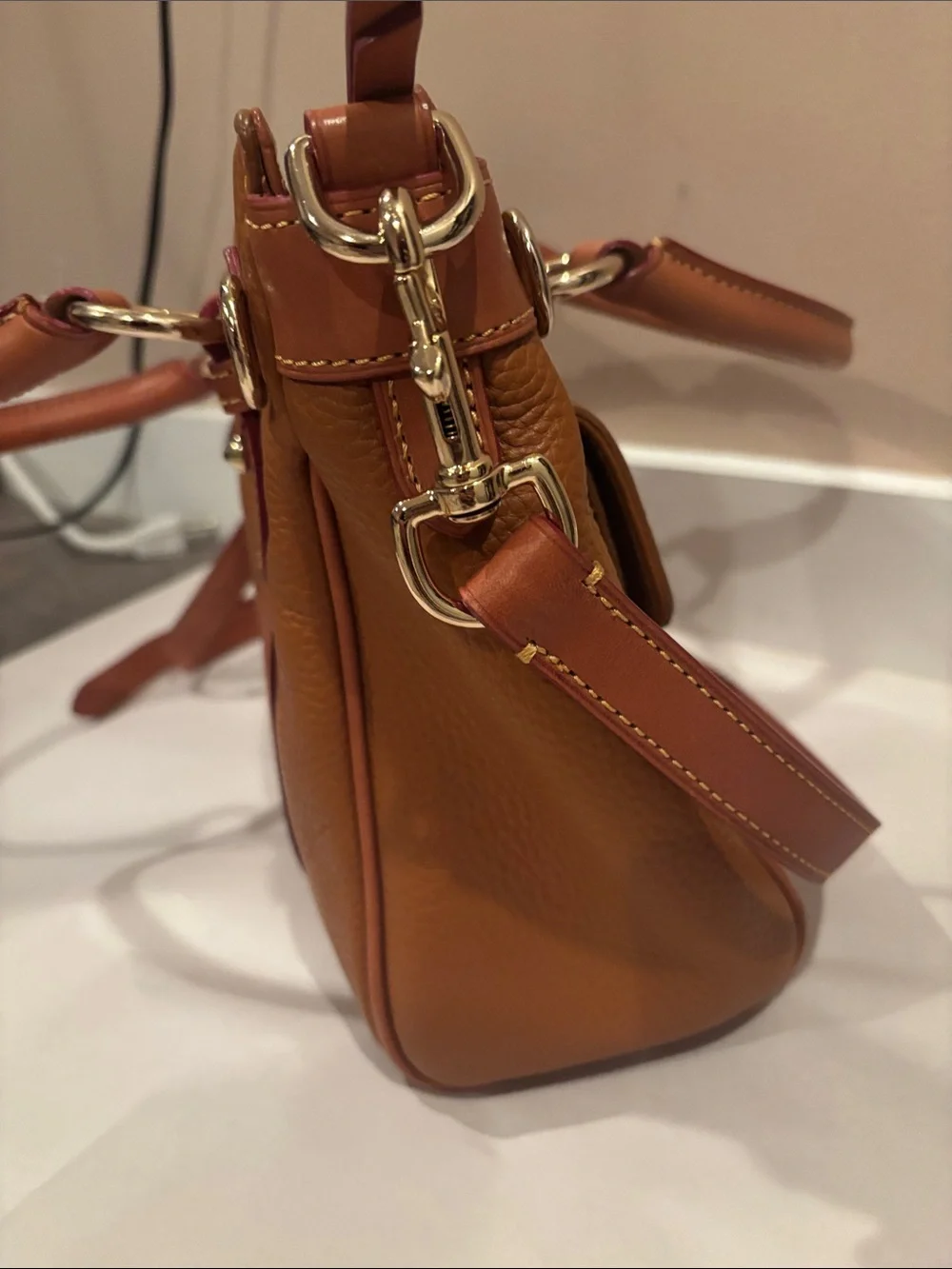 Dooney & Bourke Caramel Tan Pebbled Leather Satchel with Contrast Strap